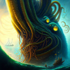 Giant octopus with glowing eyes and twisting tentacles in murky underwater scene