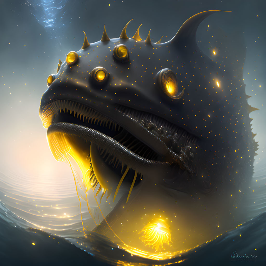 Bioluminescent deep-sea creature with sharp teeth and glowing eyes at sunset.