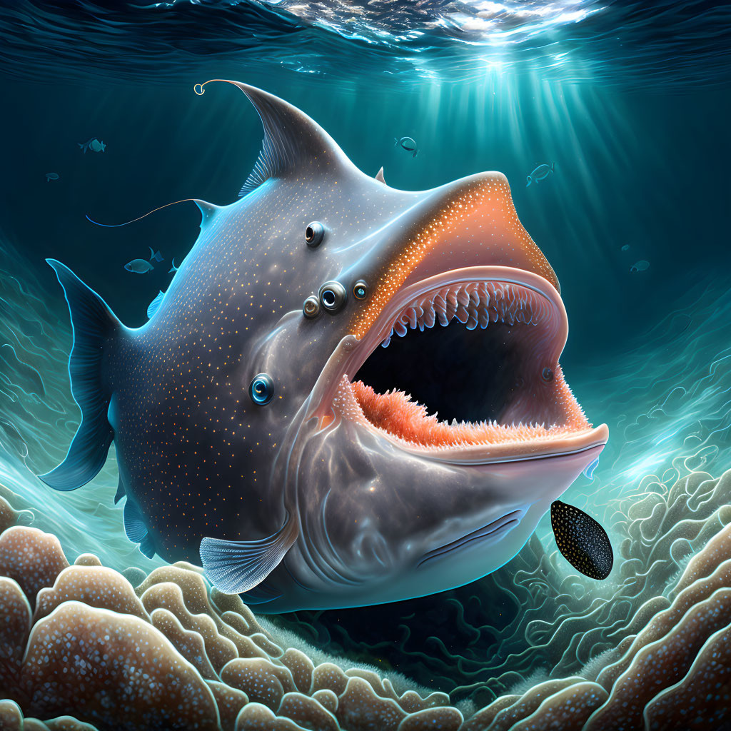 Fantastical fish digital artwork with glowing insides and sharp teeth among coral reef.