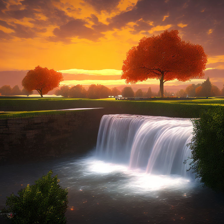 Tranquil waterfall over ledge into sunset pool with orange trees