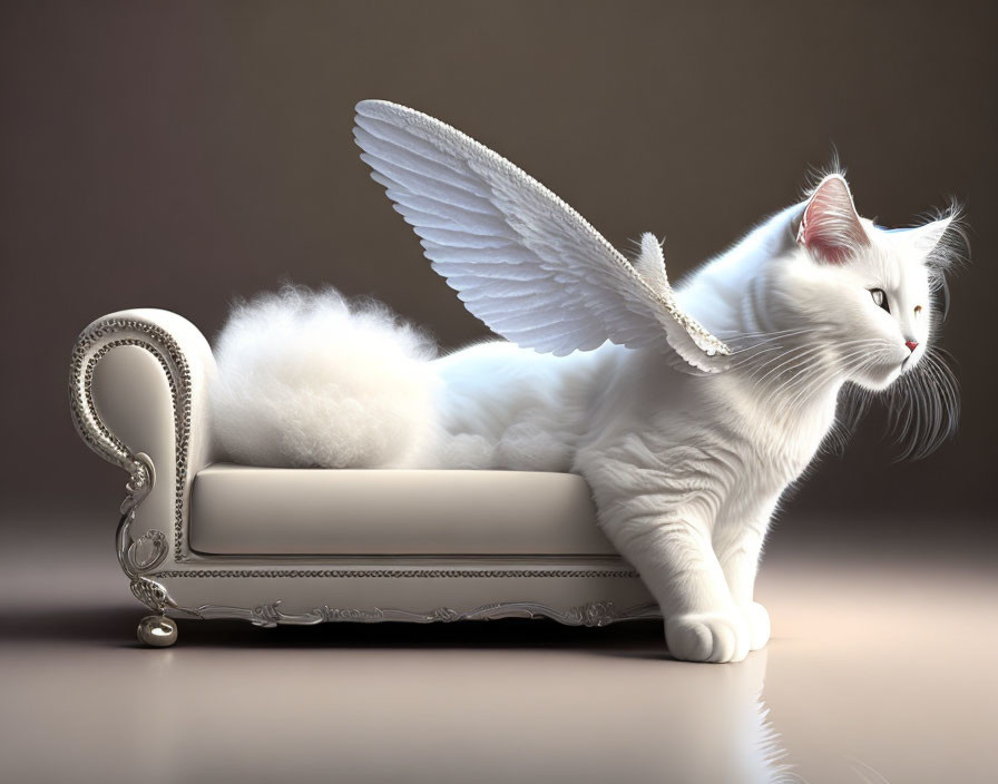 White Cat with Angelic Wings on Classic Chaise Lounge against Neutral Background