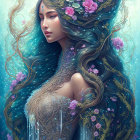 Illustration of woman with floral crown, flowing hair, vines, and filigree