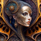 Stylized woman digital artwork with golden headdress on blue background