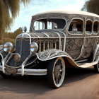 Vintage Car with Intricate Ornate Designs on Desert Road