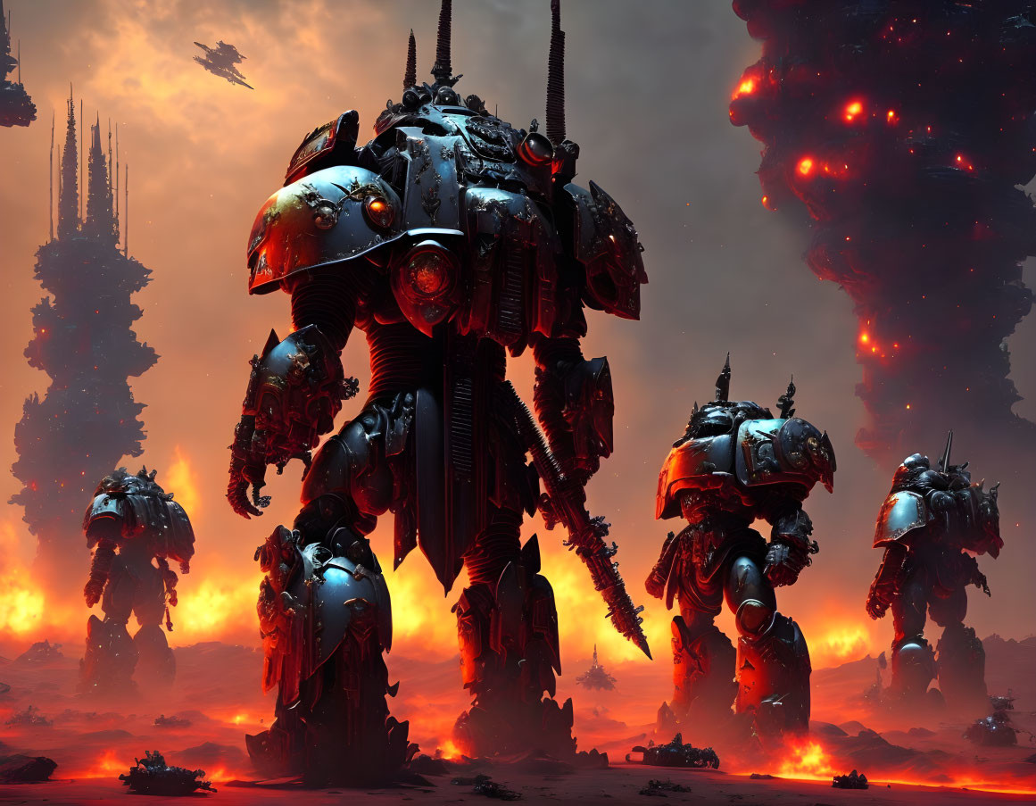 Dystopian landscape with colossal armed robots and fiery sky