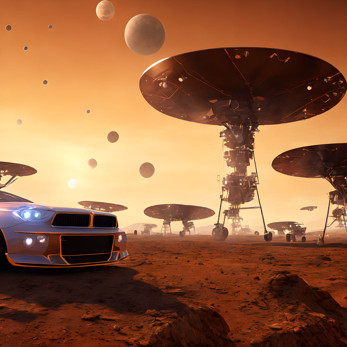 Futuristic car on alien planet with floating structures & multiple moons