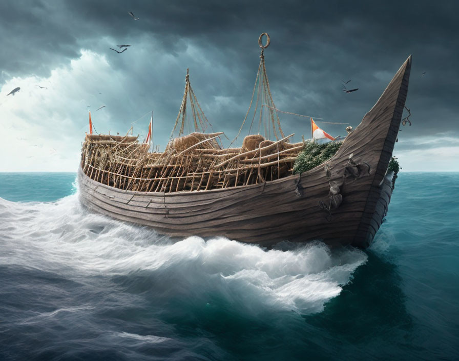 Wooden ship sailing on turbulent sea under stormy sky with flying seagulls