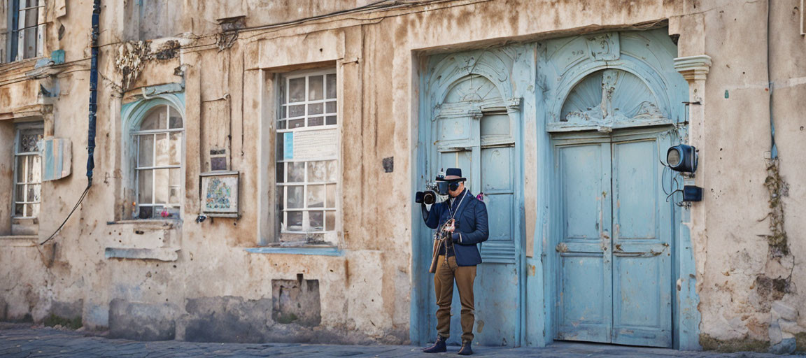 Man playing saxophone outside weathered building with blue doors.