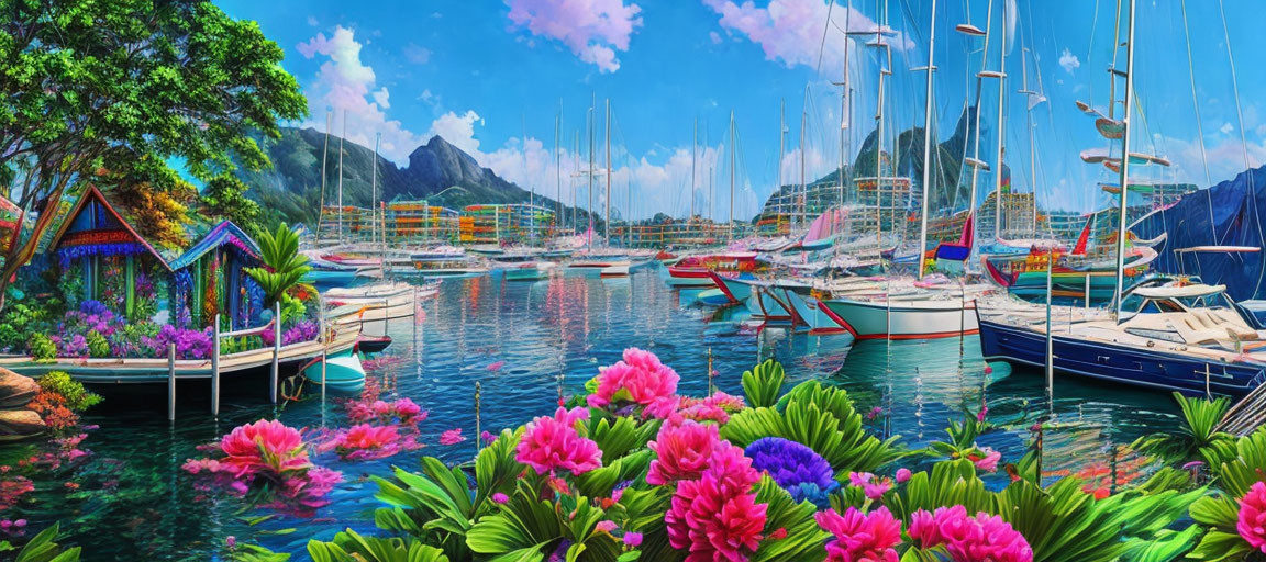 Luxurious yachts at vibrant marina with colorful waterfront buildings
