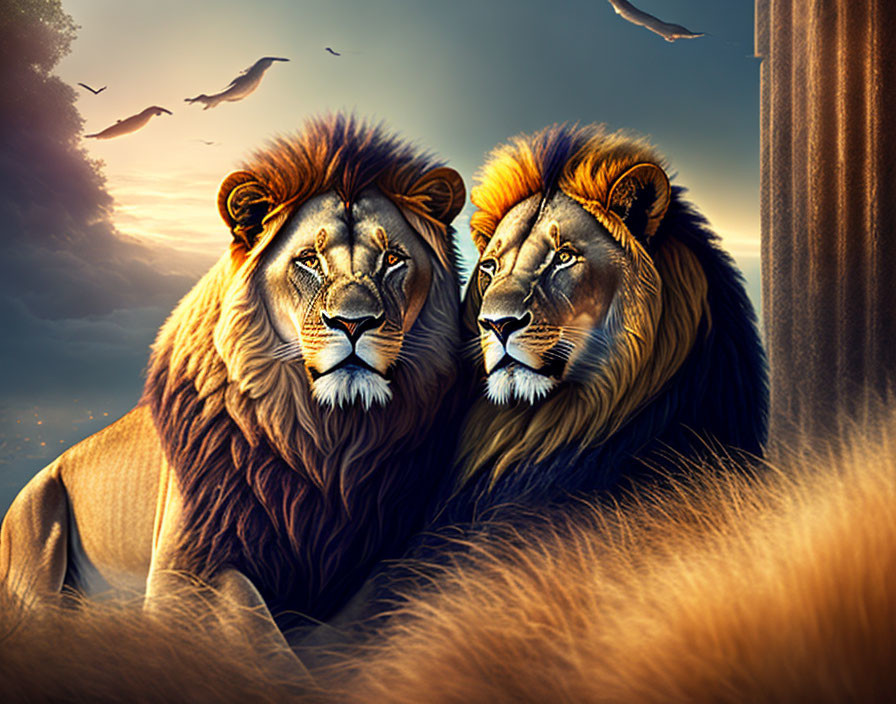 Majestic lions with illustrious manes under dramatic sky