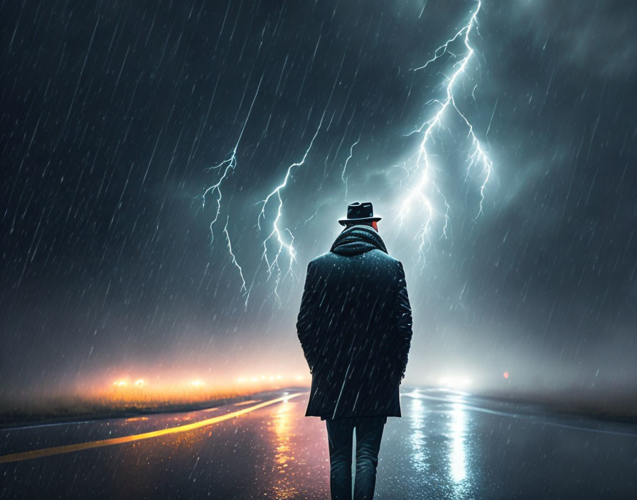 Person in coat and hat on wet road during stormy night with lightning.