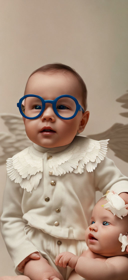 Baby in blue glasses holds doll with flower headband