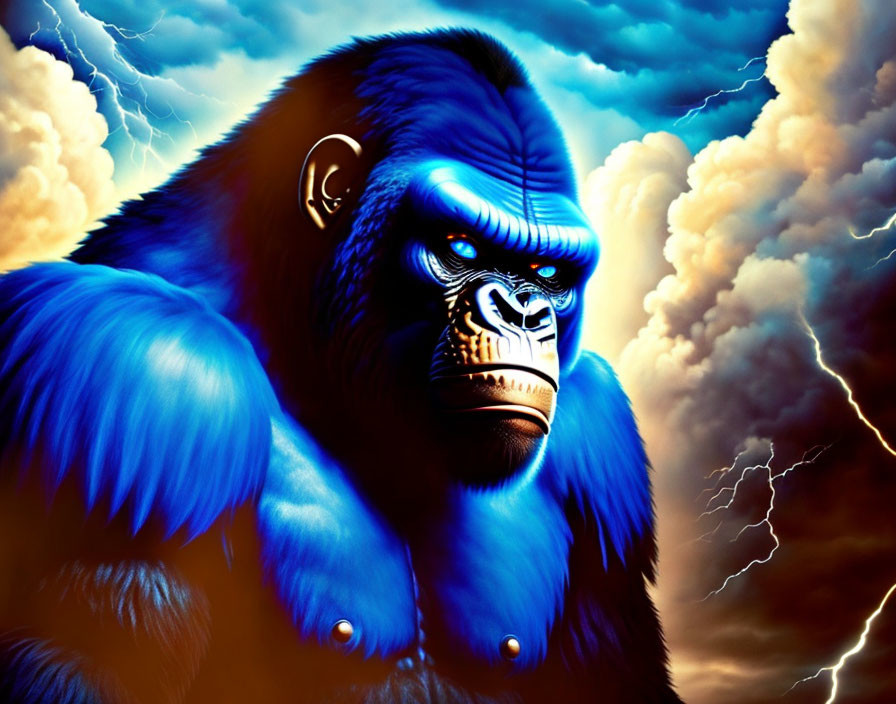 Vivid Blue Gorilla Illustration with Glowing Eyes in Stormy Setting