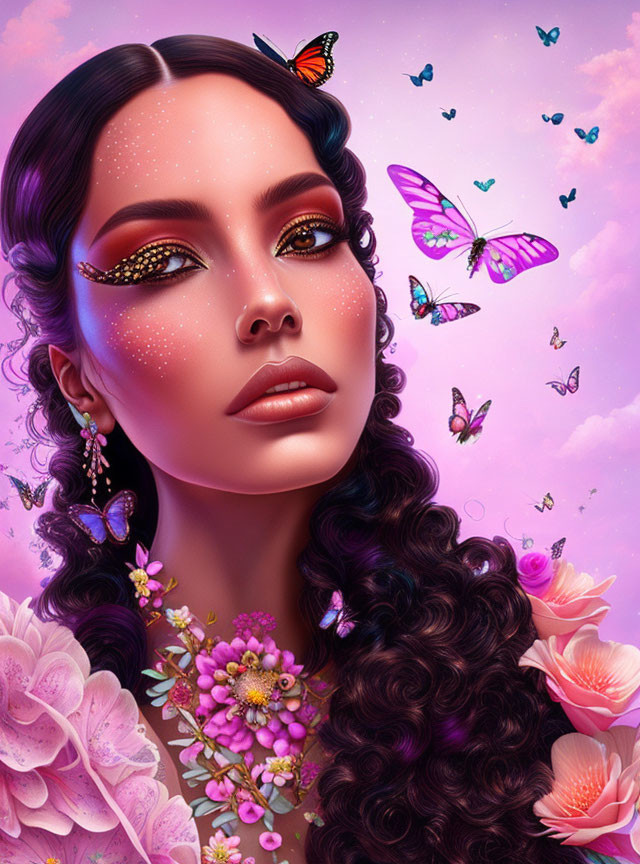 Detailed makeup and floral hair: Woman surrounded by colorful butterflies on pink background
