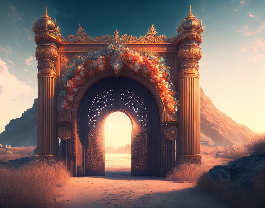 Golden Gate with Floral Decorations and Mountain Landscape