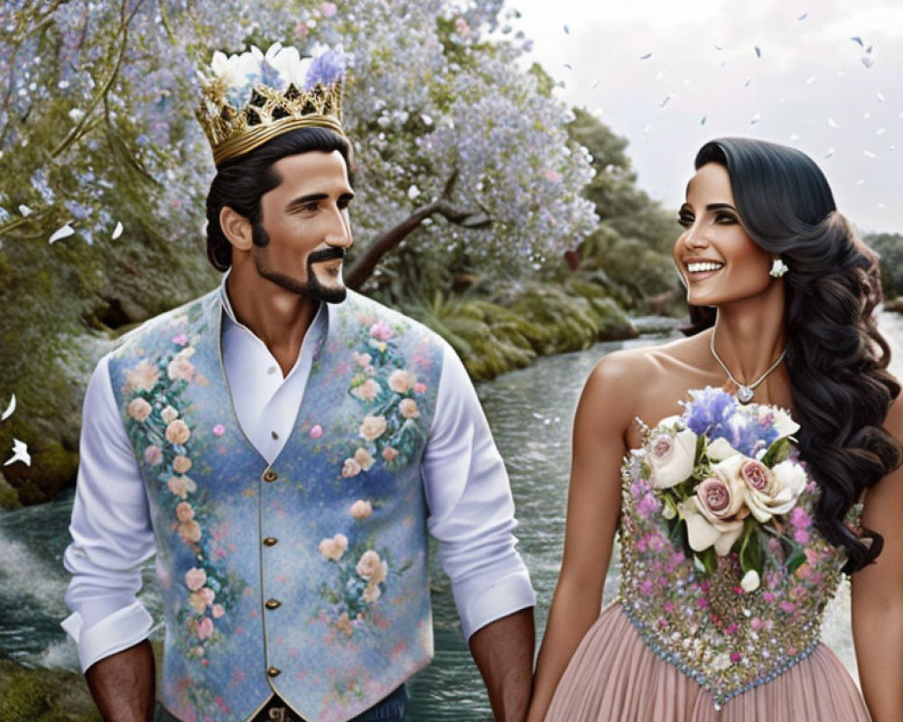 Stylized illustration of royal couple by serene river