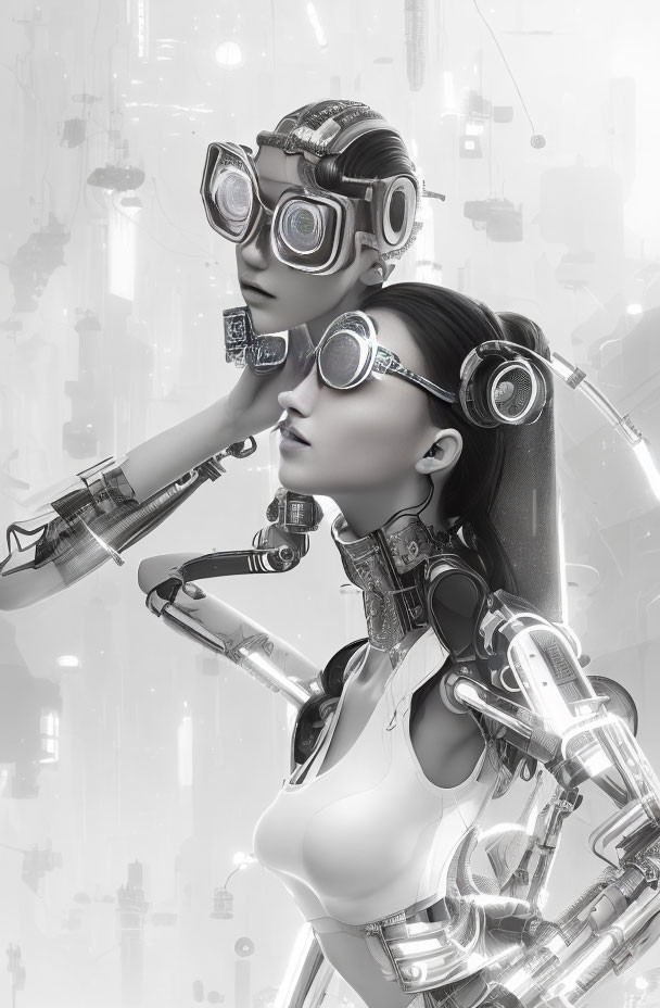 Stylized androids with humanoid features in advanced headgear against futuristic backdrop