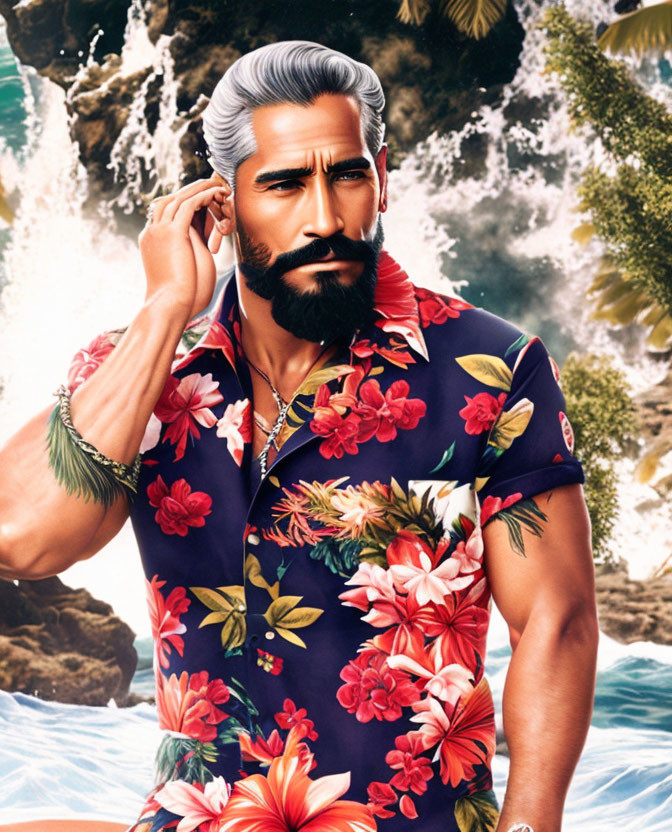 Illustrated man with silver hair in floral shirt poses near tropical waterfall