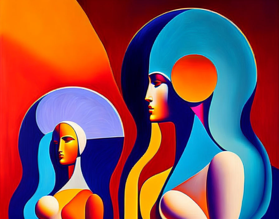 Vibrant abstract art of stylized female figures in elongated forms