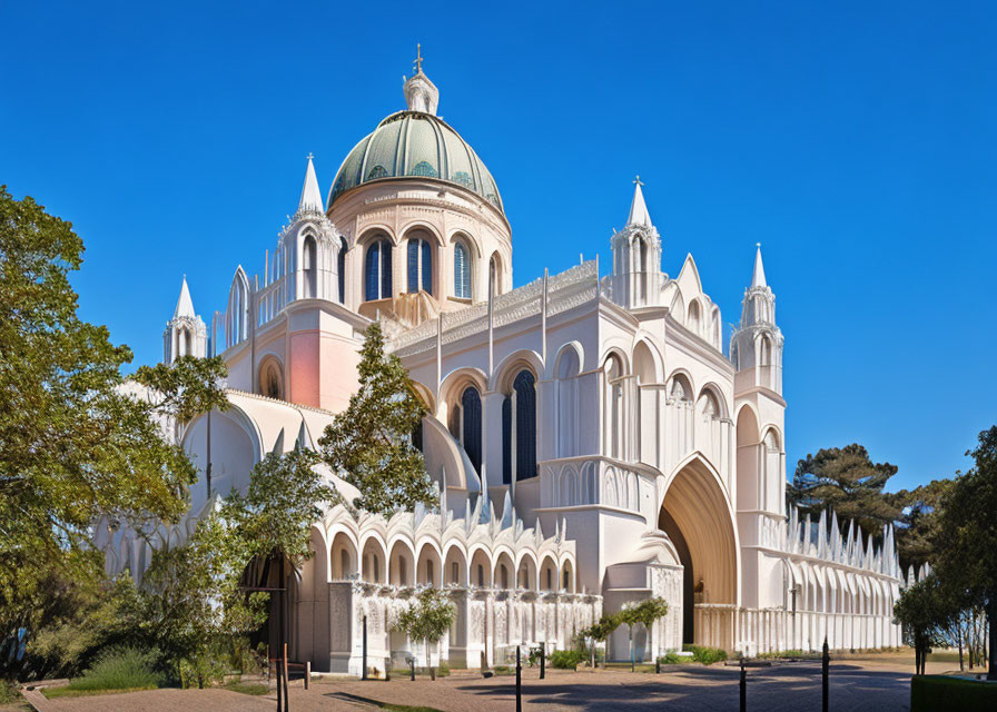 White Cathedral with Arches, Dome, and Trees Under Blue Sky