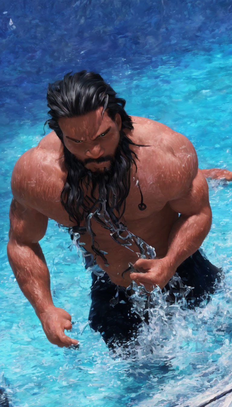 Muscular person with long hair and beard in pool with chains creating splashes