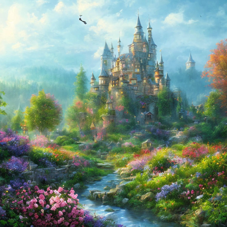 Fairytale castle in vibrant flower-filled landscape