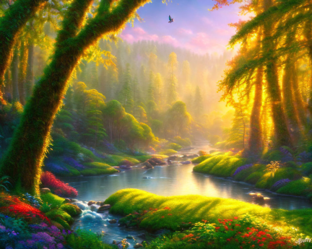 Serene forest scene with vibrant flowers, moss-covered trees, river, and bird at sunrise