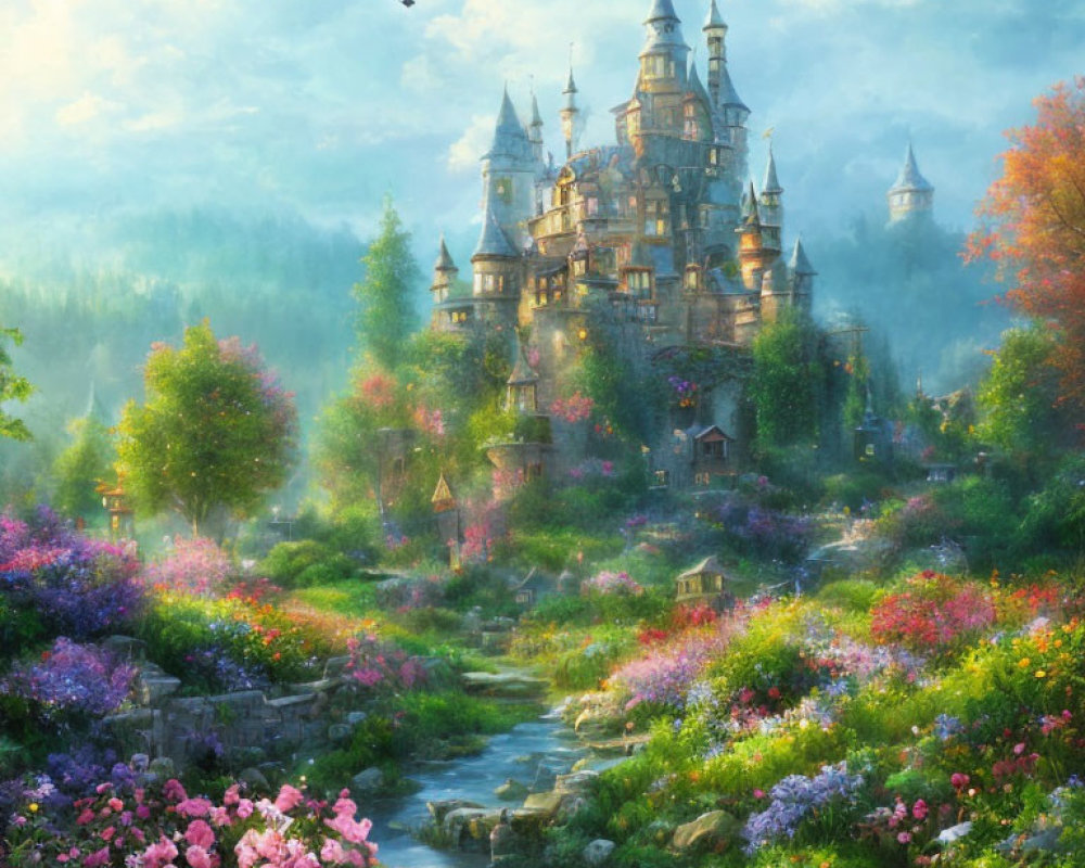 Fairytale castle in vibrant flower-filled landscape