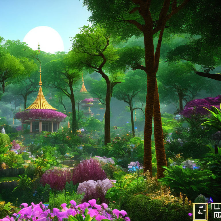 Enchanting fantasy forest with vibrant flora and whimsical structures