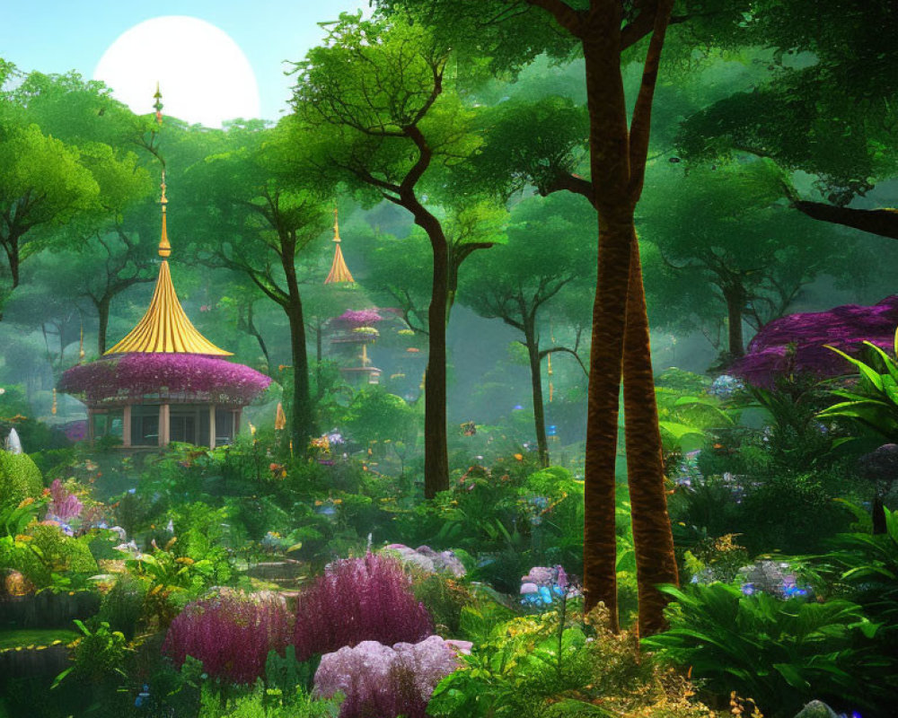 Enchanting fantasy forest with vibrant flora and whimsical structures