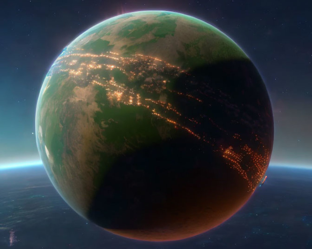 Lush Green and Brown Planet with Glowing City Lights in Space