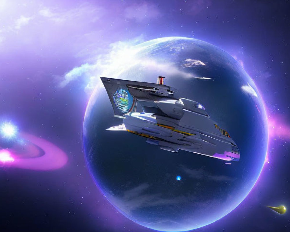 Futuristic spaceships orbiting colorful nebula-studded planet