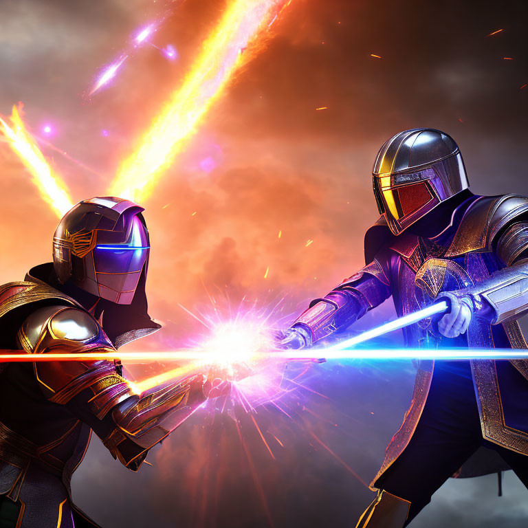 Armored figures in battle with light beams on fiery backdrop