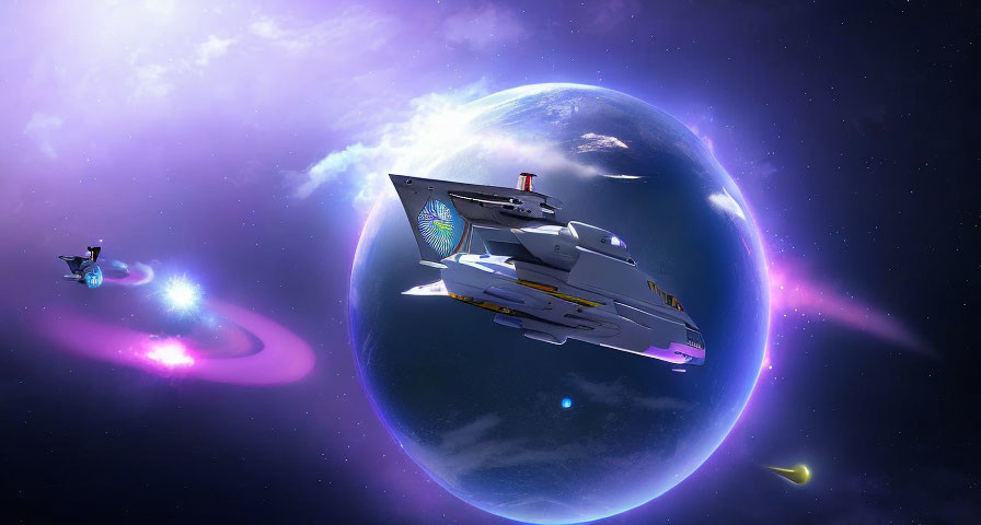 Futuristic spaceships orbiting colorful nebula-studded planet