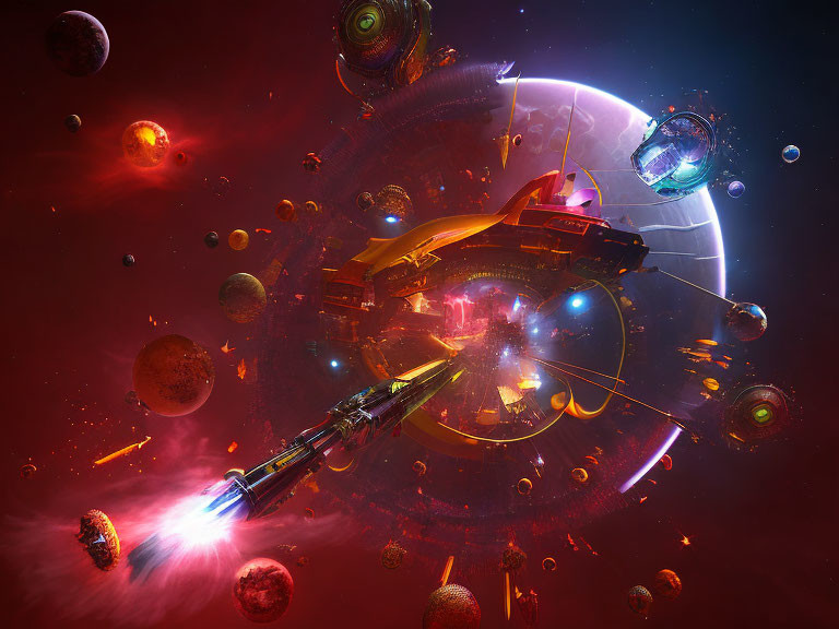 Colorful sci-fi scene with spaceships, futuristic structures, and planets.