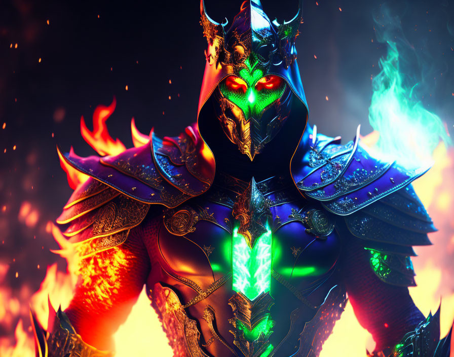 Fantasy armor-clad figure with glowing heart in fiery setting