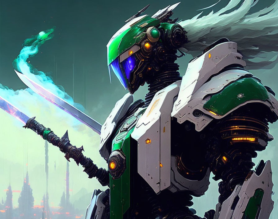 Futuristic green and white robot with glowing blue sword in industrial setting