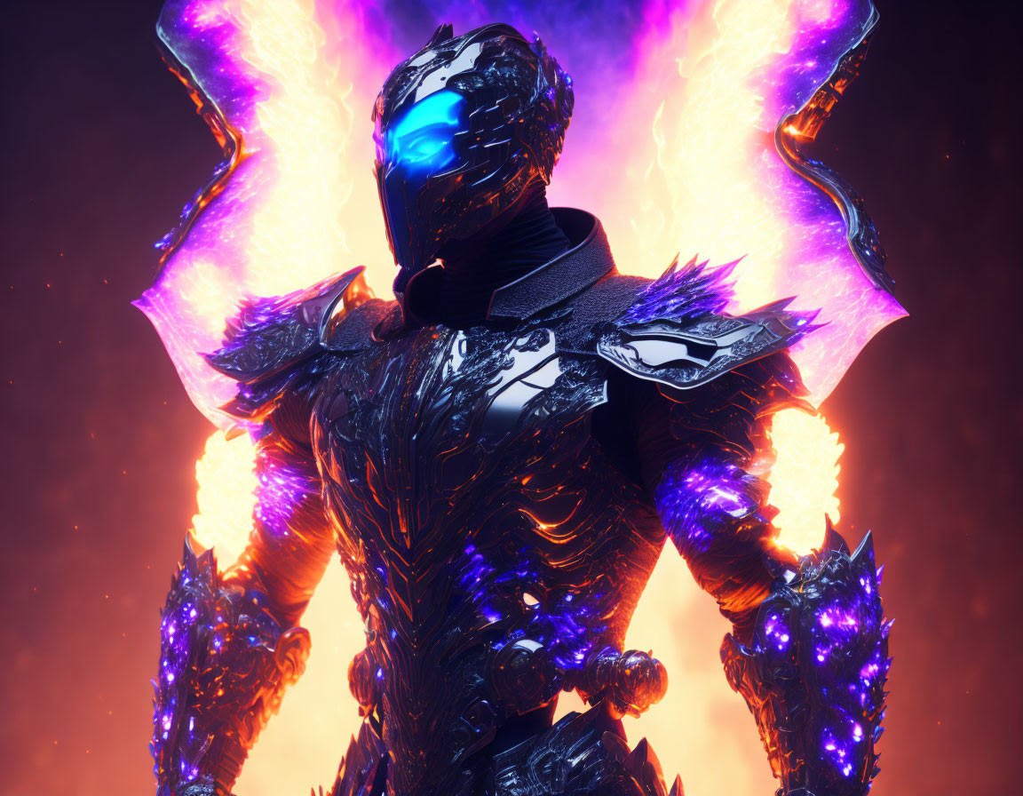 Futuristic armored figure in neon blue and orange against fiery backdrop