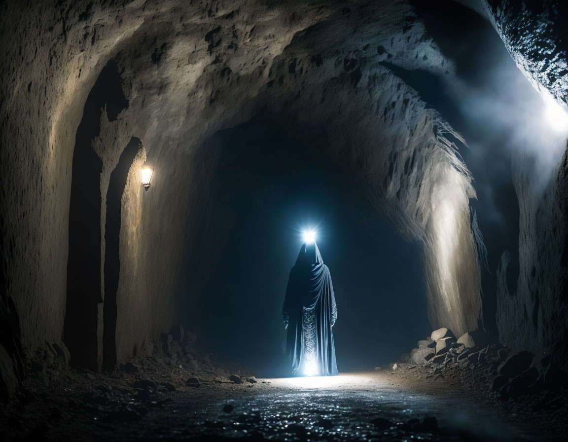 Cloaked Figure in Black with Bright Light in Cave Tunnel
