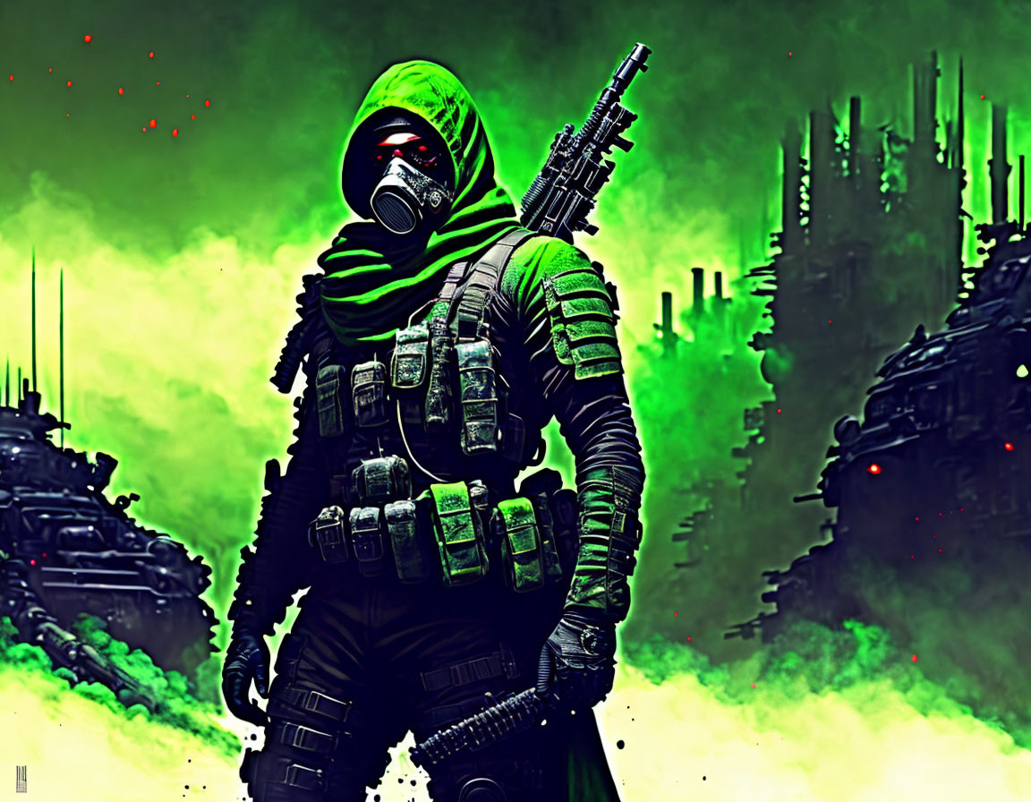 Figure in Green Tactical Gear with Gas Mask in Dystopian Industrial Setting