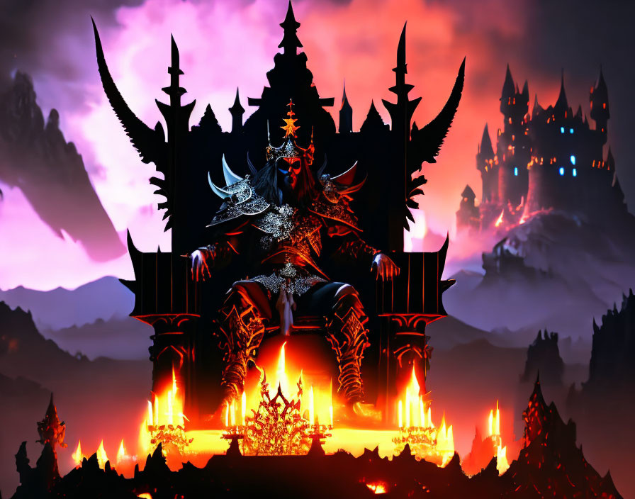 Menacing figure in ornate armor on fiery throne in dark, gothic landscape