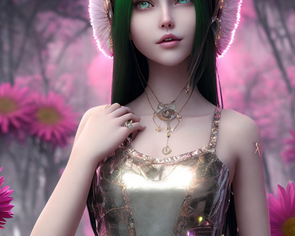 Fantasy digital artwork of female character with green ears and luminous eyes