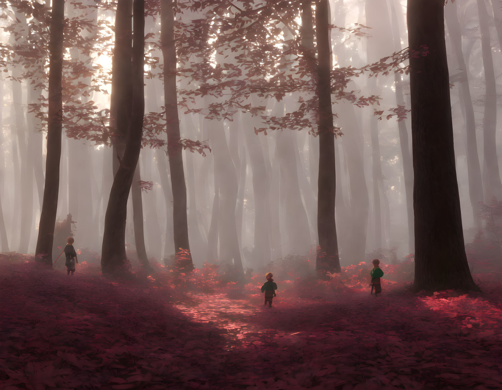 Misty forest with tall trees and red leaves, people walking on path