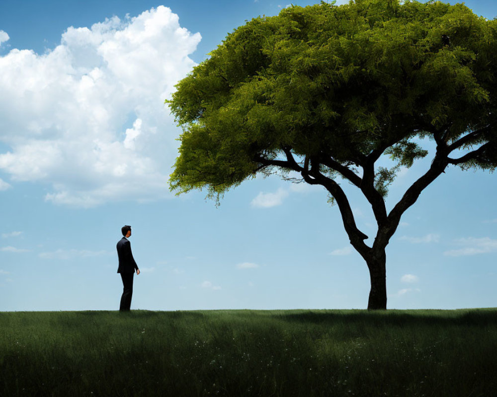 Man in suit standing in lush field by large tree under blue sky