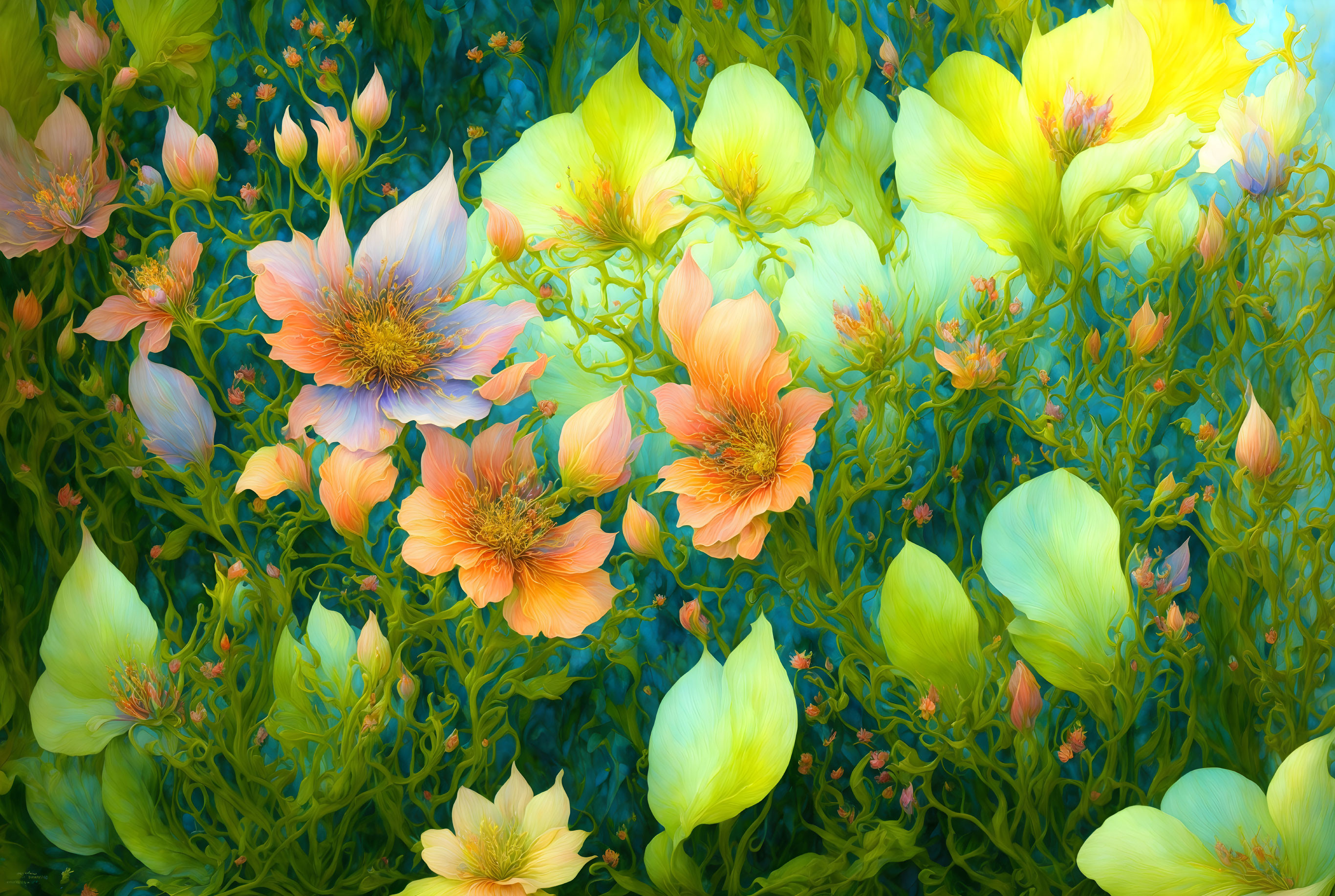 Delicate pastel flowers in lush digital painting
