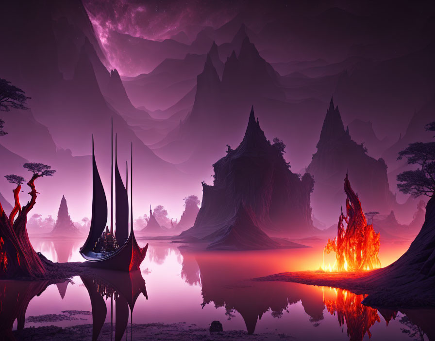 Mystical landscape with jagged mountains, serene lake, alien-like structures, and glowing tree