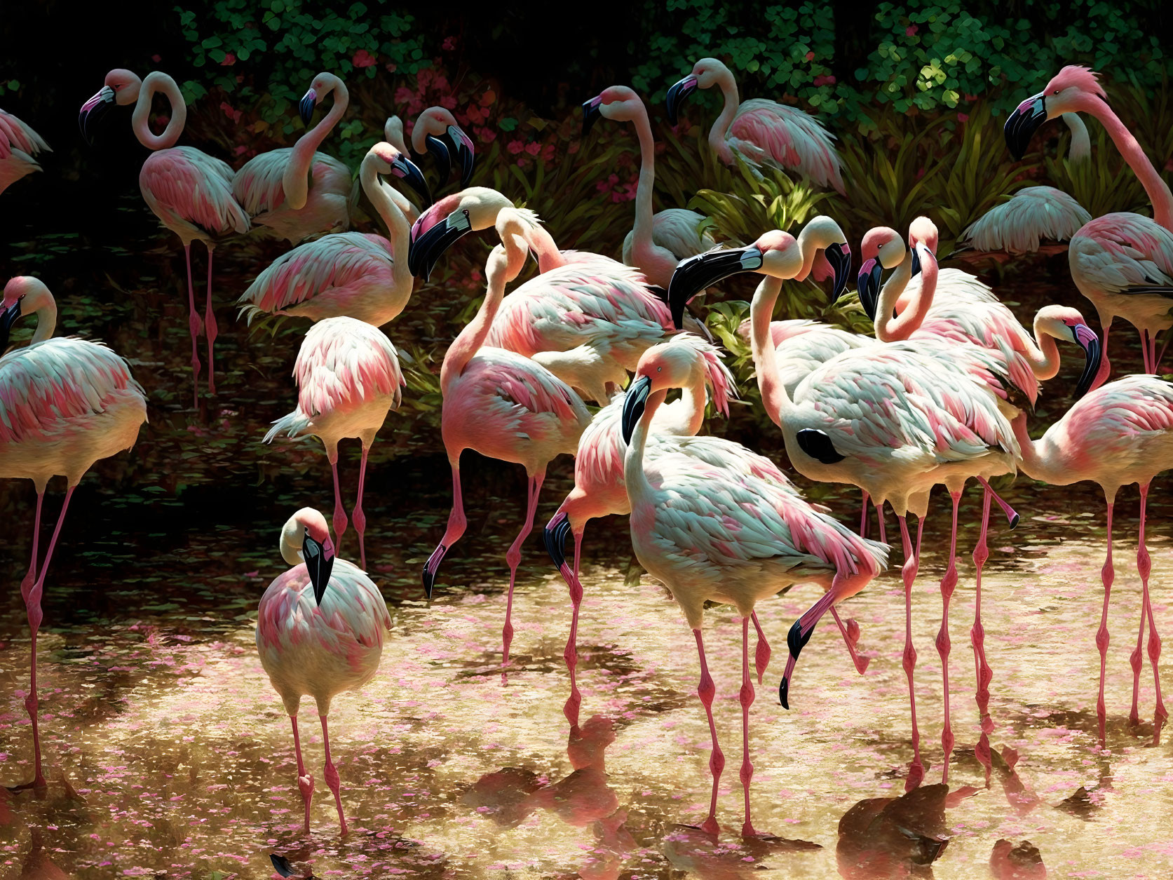 Pink and white flamingos in shallow water with dark foliage, creating a vibrant contrast.