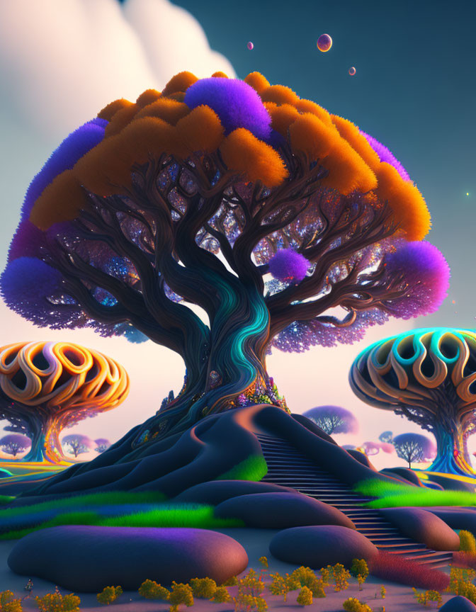 Colorful digital art landscape with whimsical trees on serene alien planet