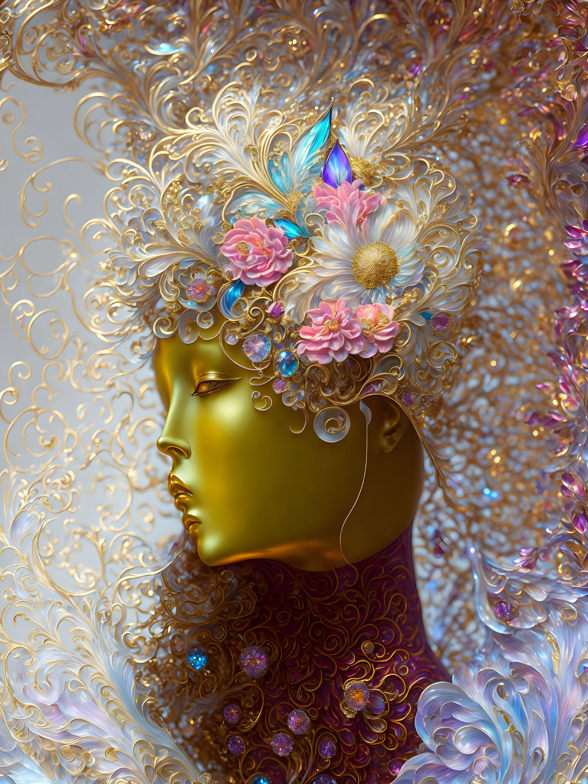 Golden ornate headpiece with swirling patterns, feathers, gemstones, and flowers on metallic face