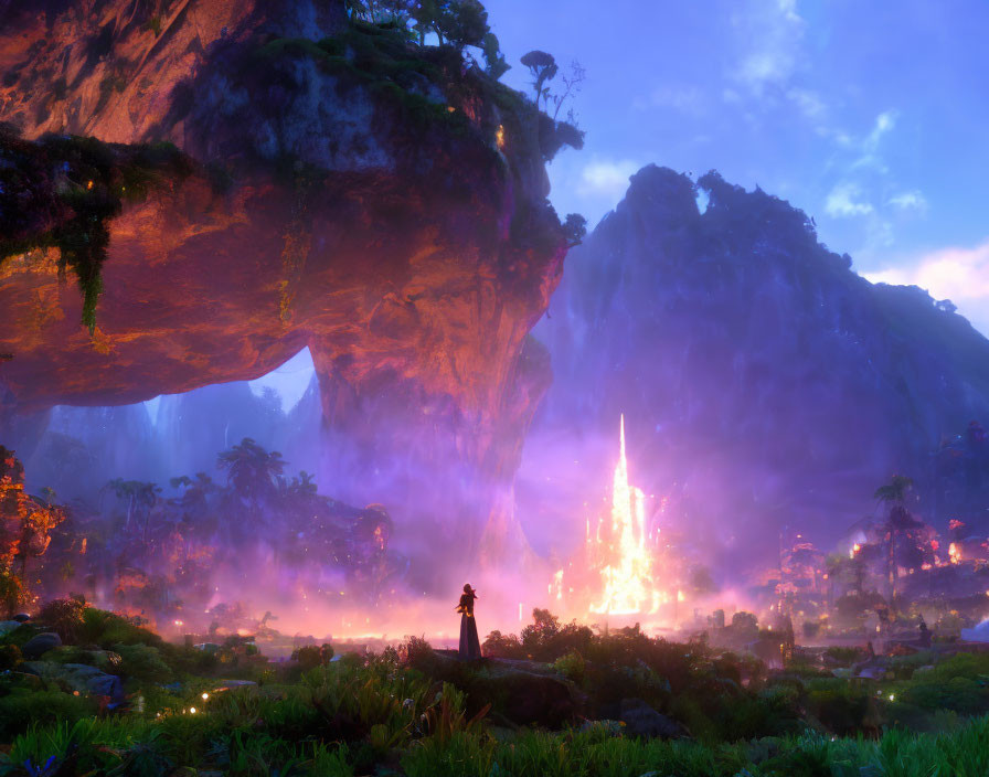 Mystical landscape with person under massive rock arch and glowing crystal structure at dusk